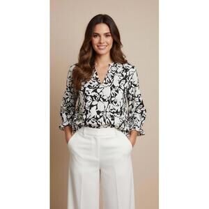 EVEREVE NWOT Women’s Cotton Floral Split Neck Popover in Black|White-Size Small